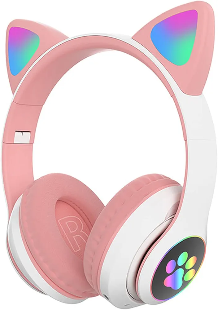 STN-28 Over Ear Music Headset Glowing Cat Ear Headphones Foldable Wireless BT5.0 Earphone with Mic AUX in TF Card MP3 Player Colorful LED Lights for PC Laptop Computer Mobile Phone